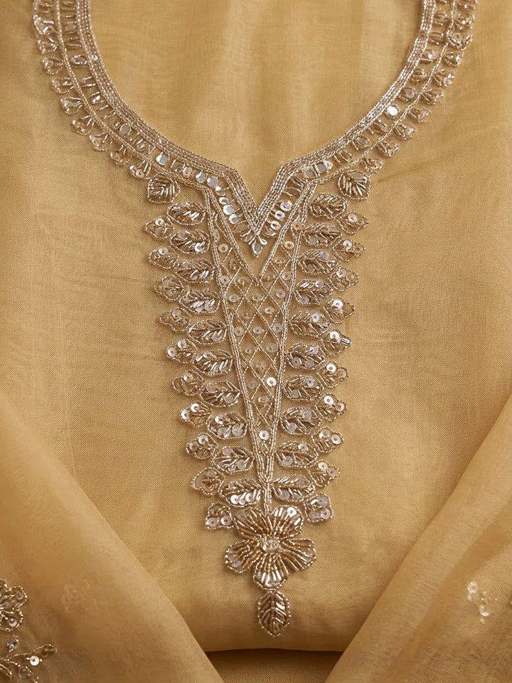 Beige Organza Embroidered Unstitched Dress Material