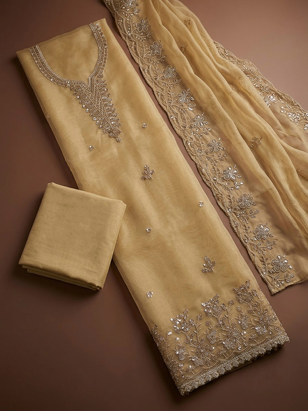 Beige Organza Embroidered Unstitched Dress Material