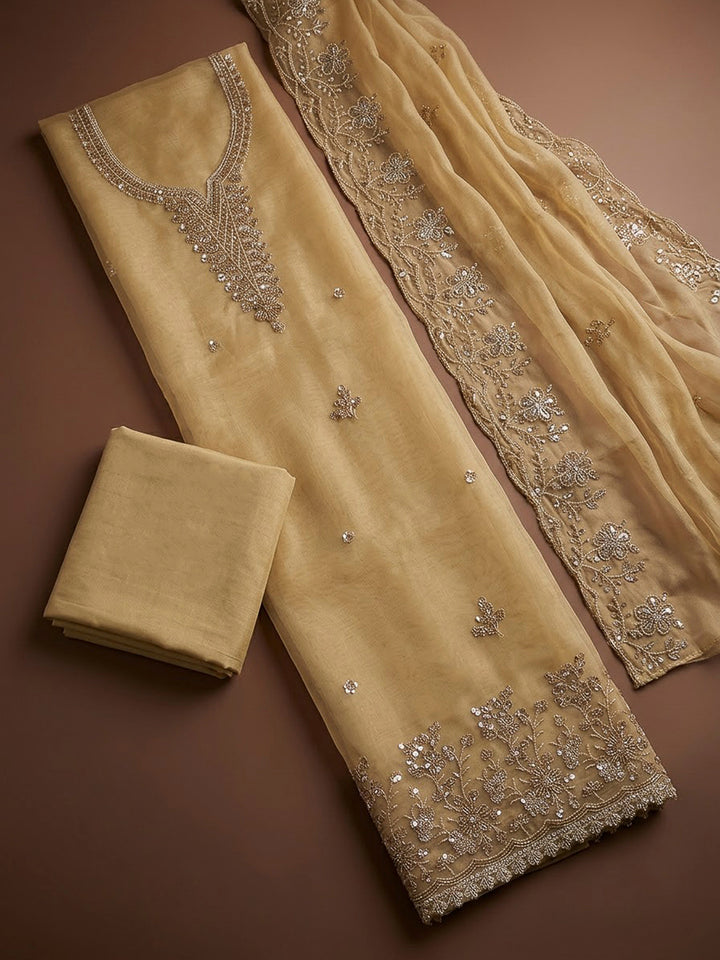 Beige Organza Embroidered Unstitched Dress Material