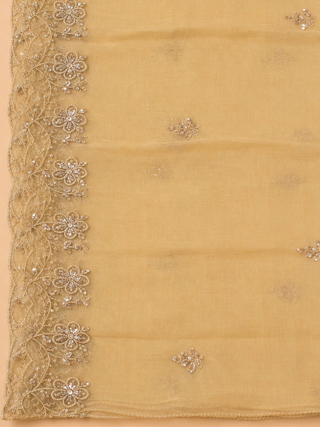 Beige Organza Embroidered Unstitched Dress Material