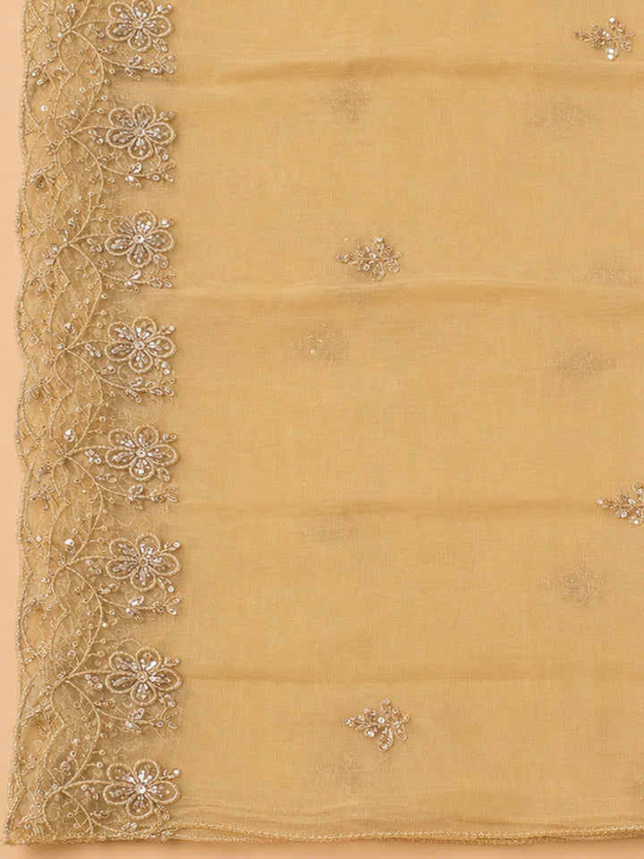 Beige Organza Embroidered Unstitched Dress Material