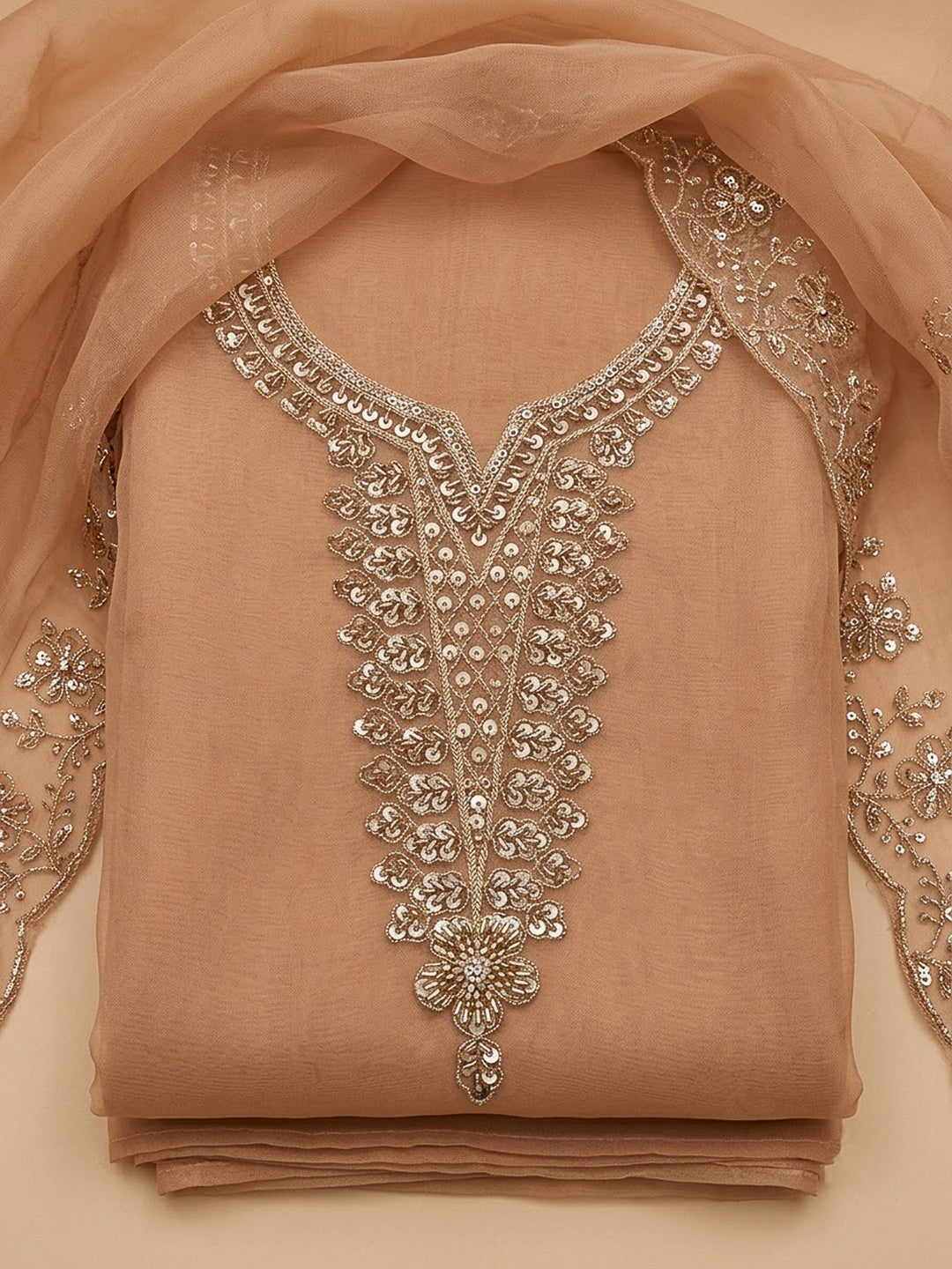 Peach Organza Embroidered Unstitched Dress Material