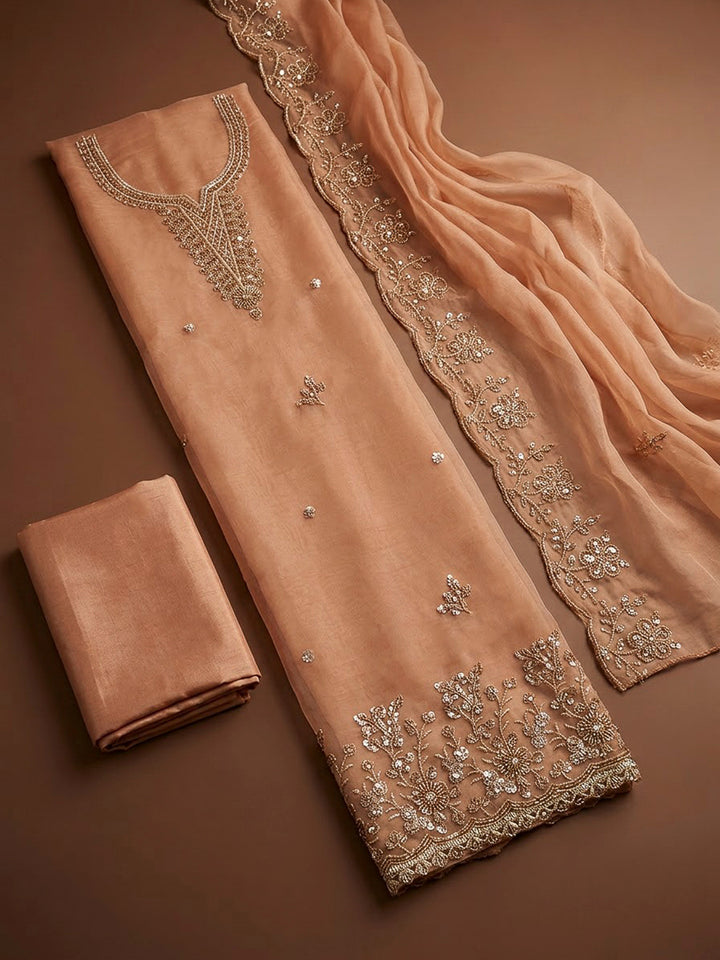 Peach Organza Embroidered Unstitched Dress Material