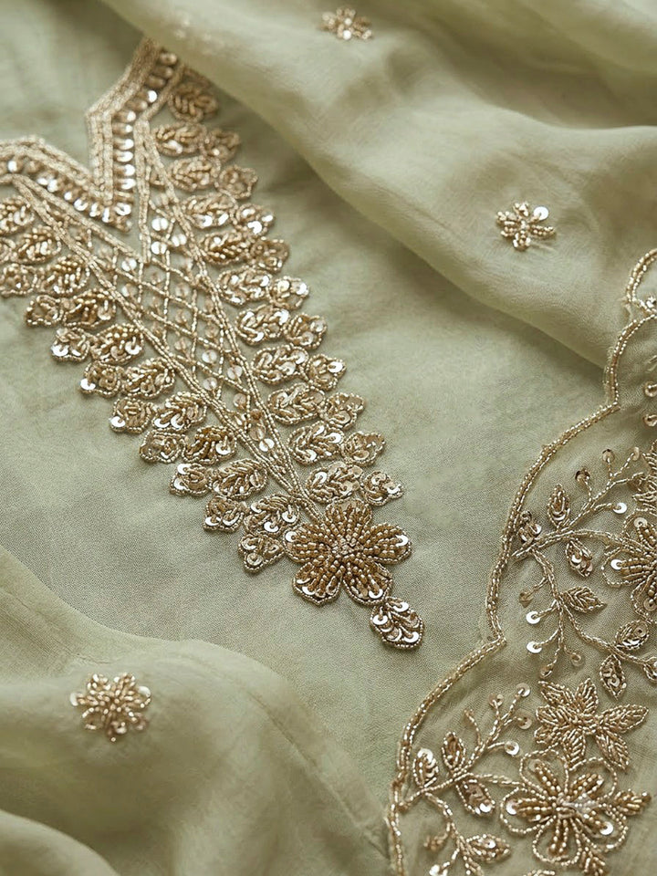 Pista Green Organza Embroidered Unstitched Dress Material