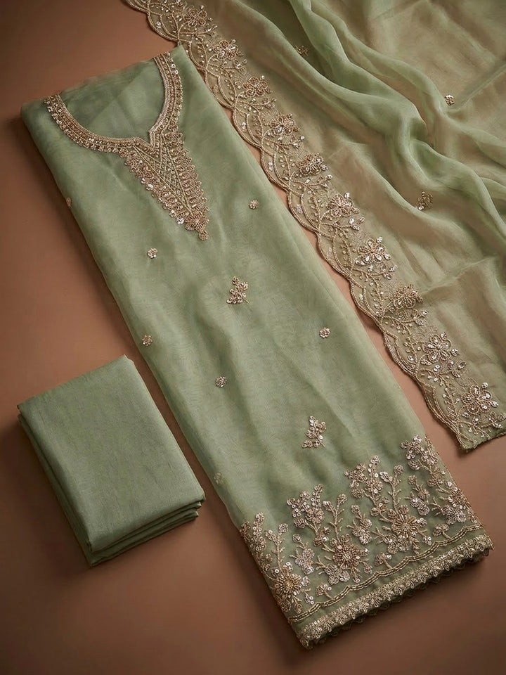 Pista Green Organza Embroidered Unstitched Dress Material