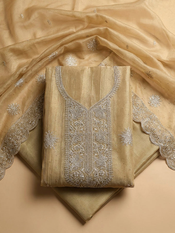 Beige Chanderi Embroidered Unstitched Dress Material
