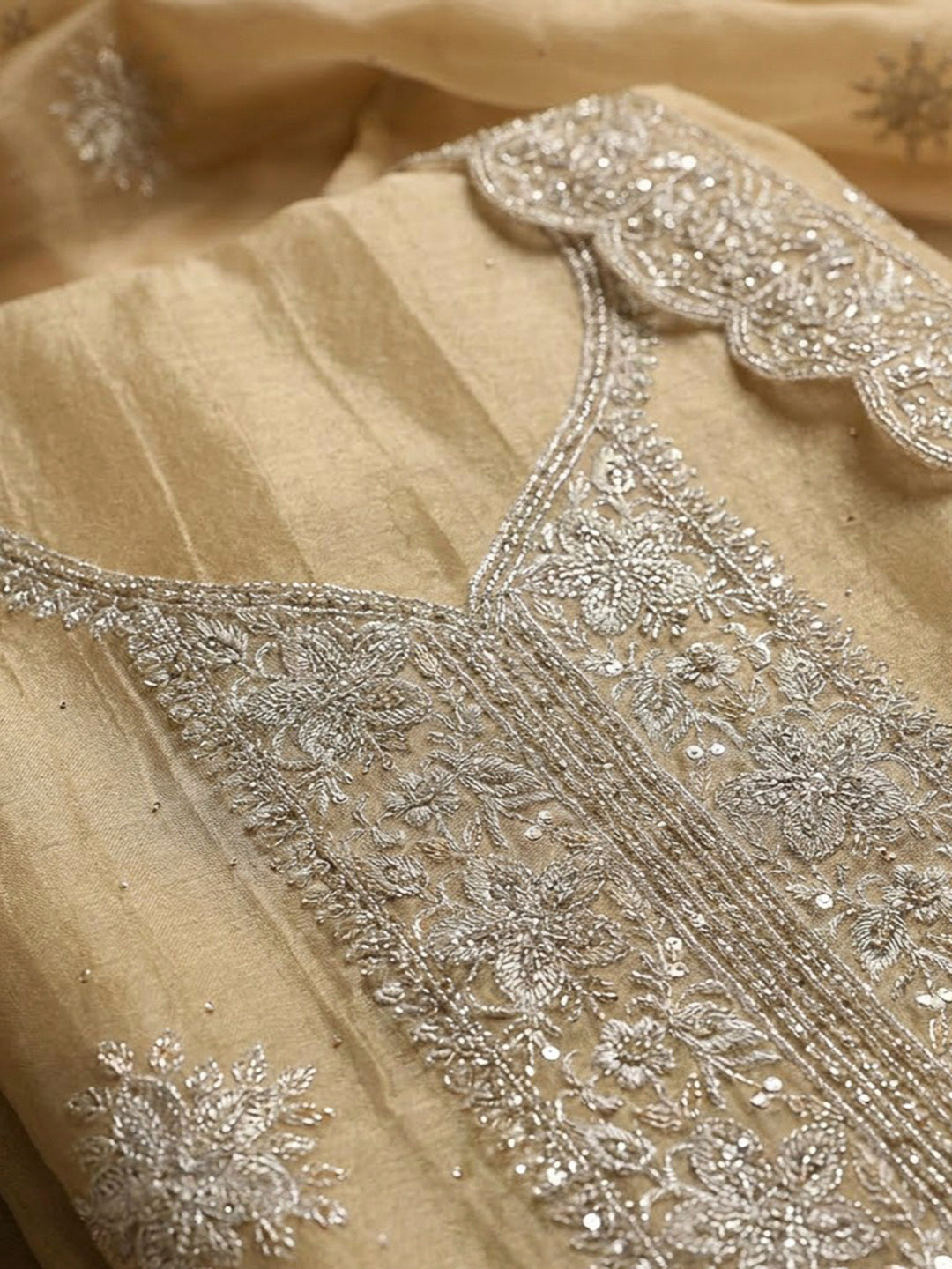 Beige Chanderi Embroidered Unstitched Dress Material