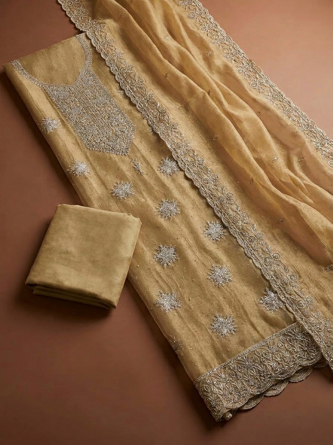 Beige Chanderi Embroidered Unstitched Dress Material