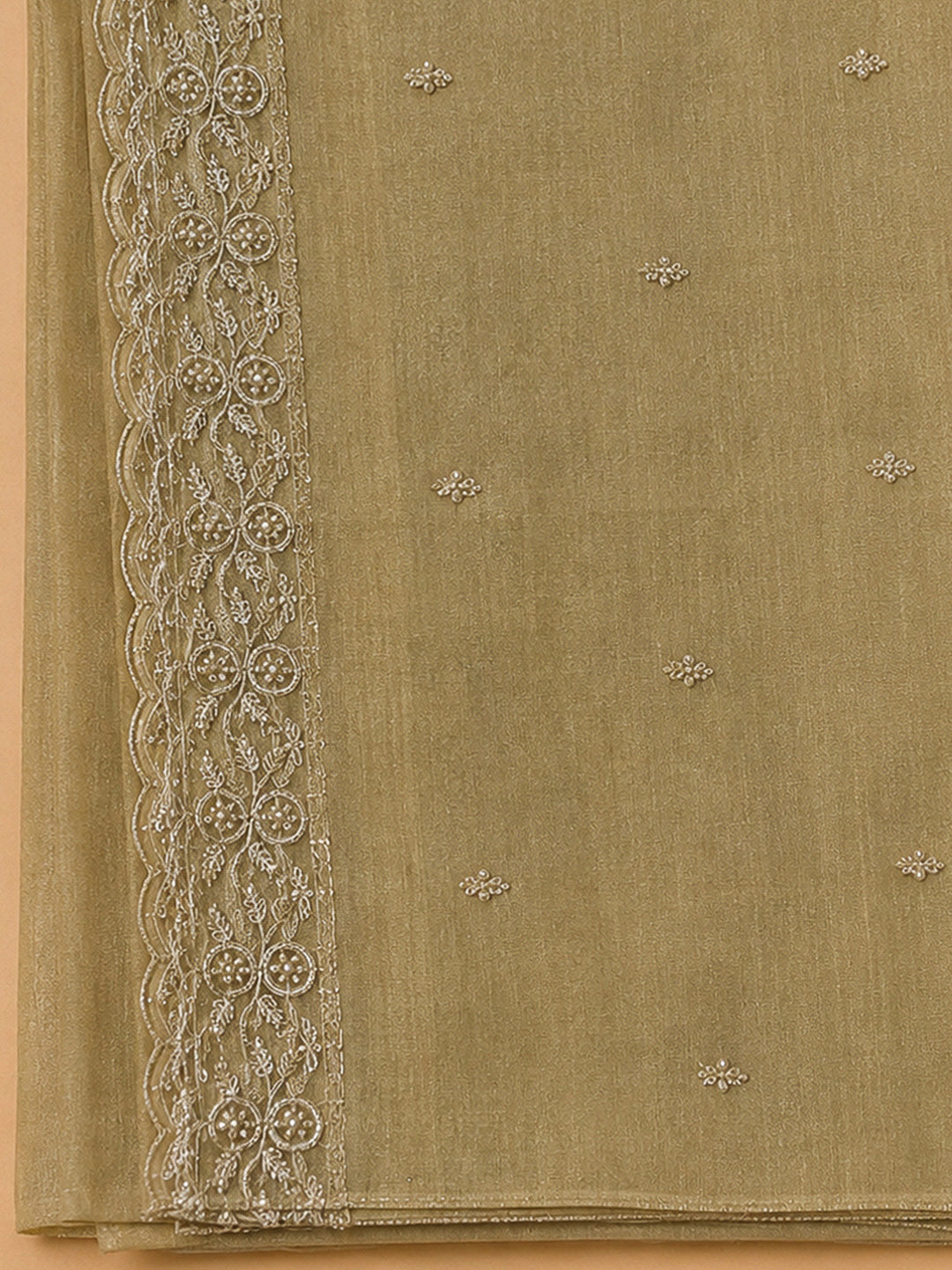 Beige Chanderi Embroidered Unstitched Dress Material