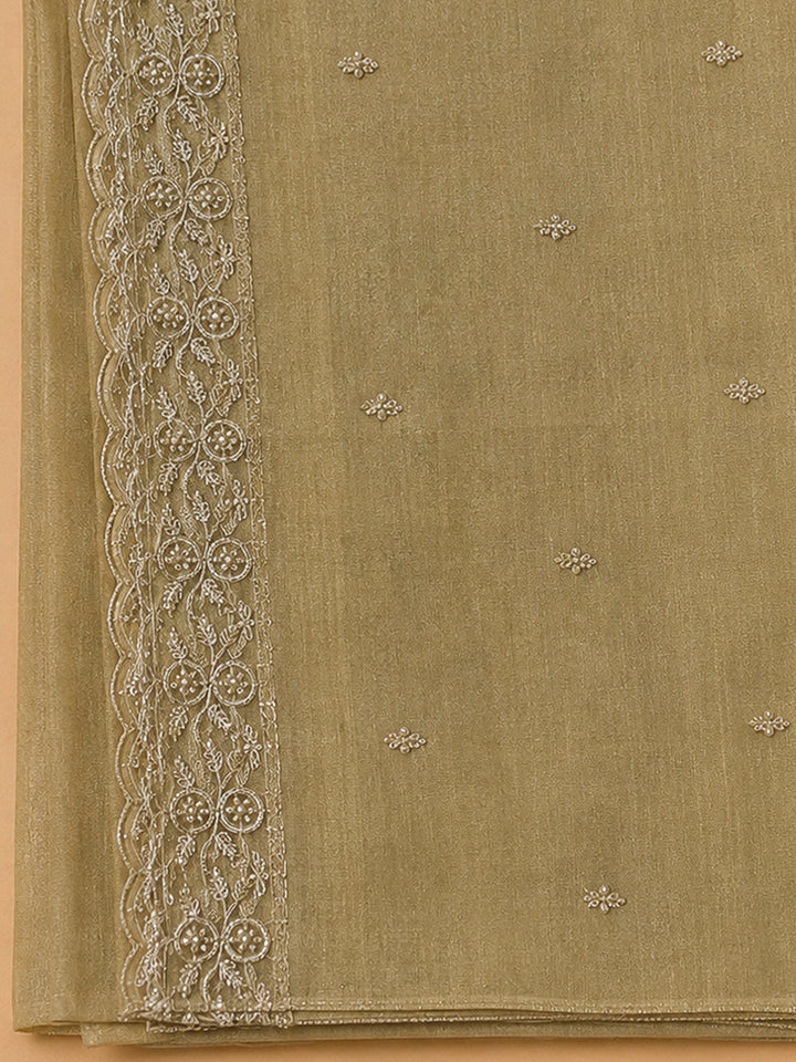 Beige Chanderi Embroidered Unstitched Dress Material