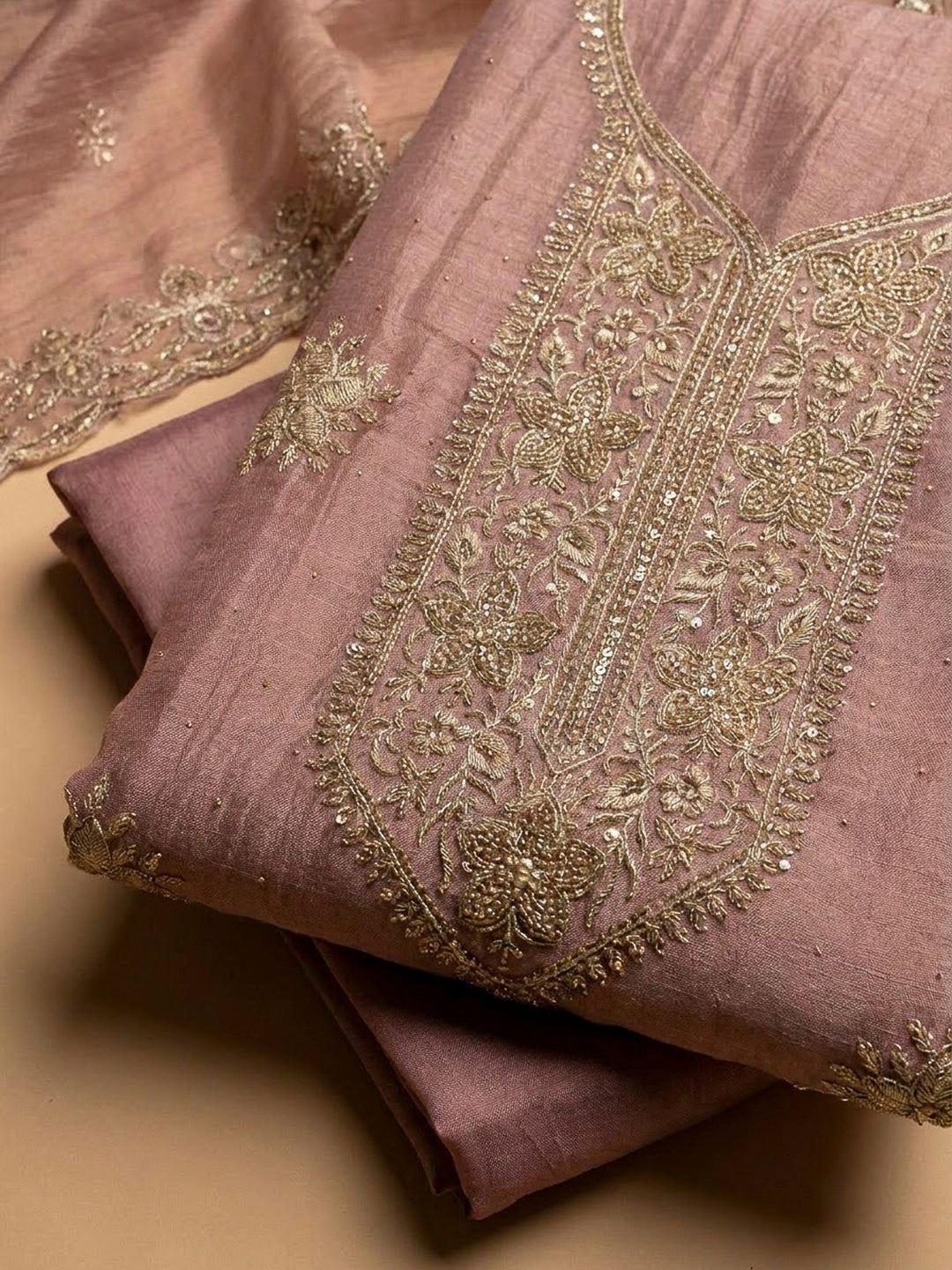 Onion Pink Chanderi Embroidered Unstitched Dress Material