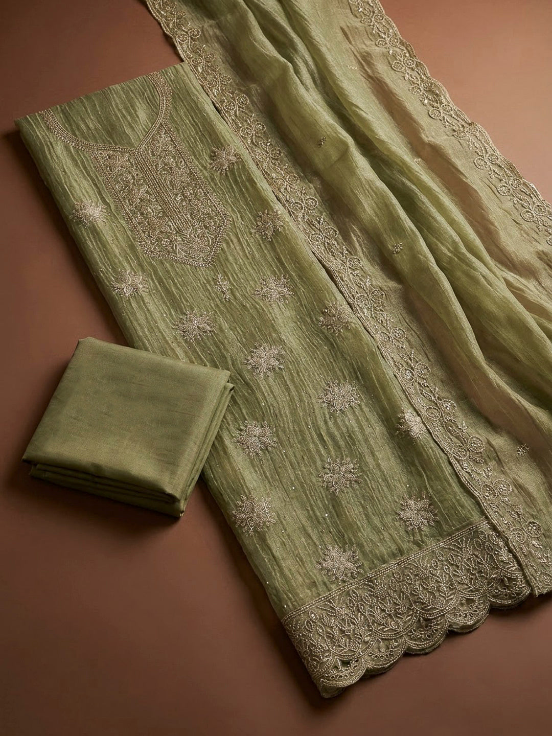 Pista Green Chanderi Embroidered Unstitched Dress Material