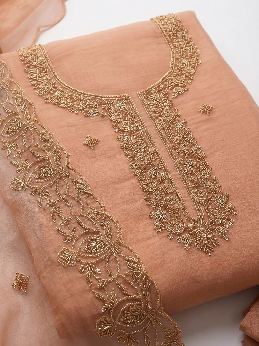 Peach Organza Embroidered Unstitched Dress Material