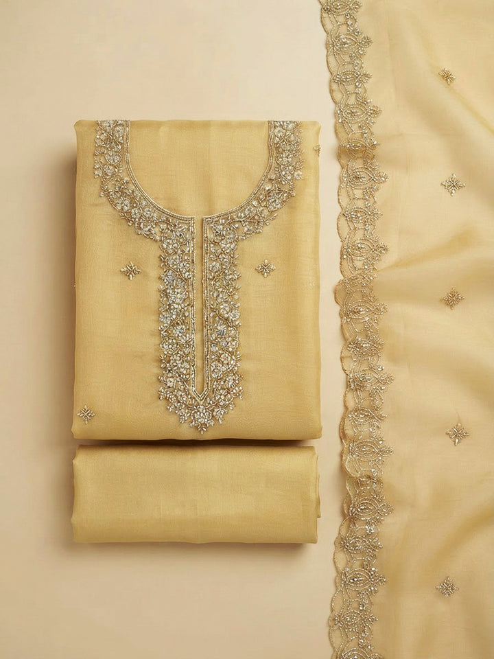 Yellow Organza Embroidered Unstitched Dress Material