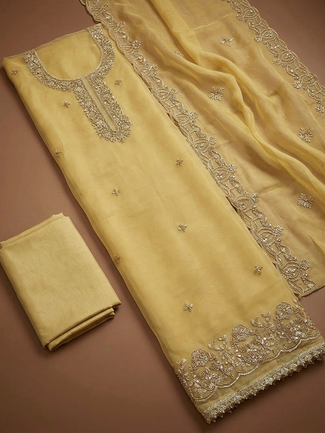 Yellow Organza Embroidered Unstitched Dress Material