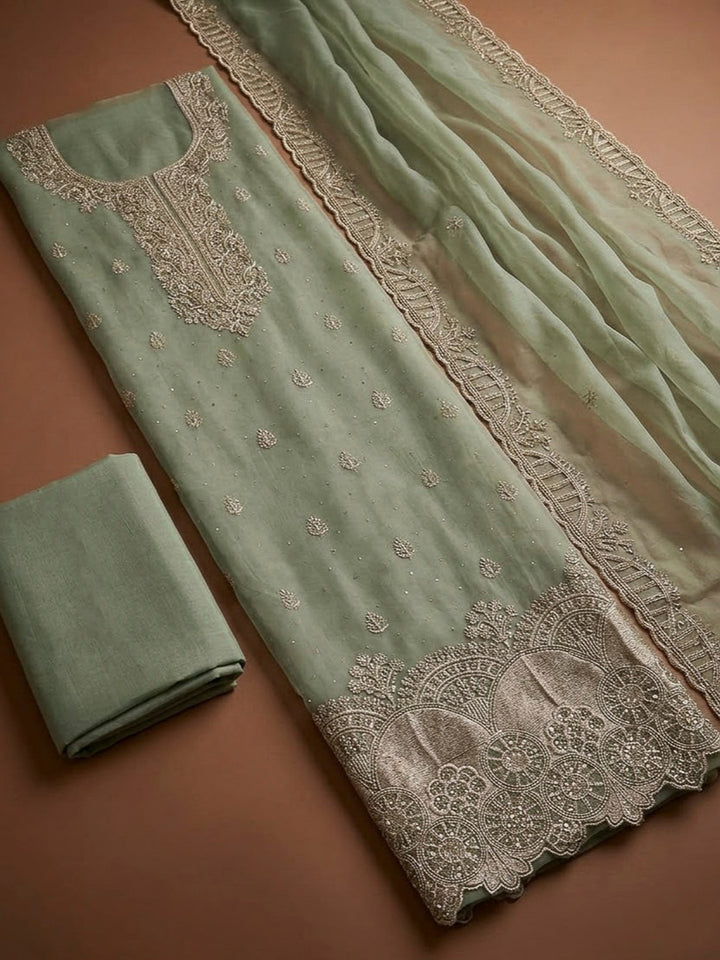 Aqua Green Organza Embroidered Unstitched Dress Material