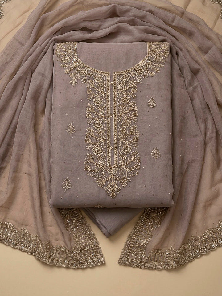 Onion Pink Organza Embroidered Unstitched Dress Material