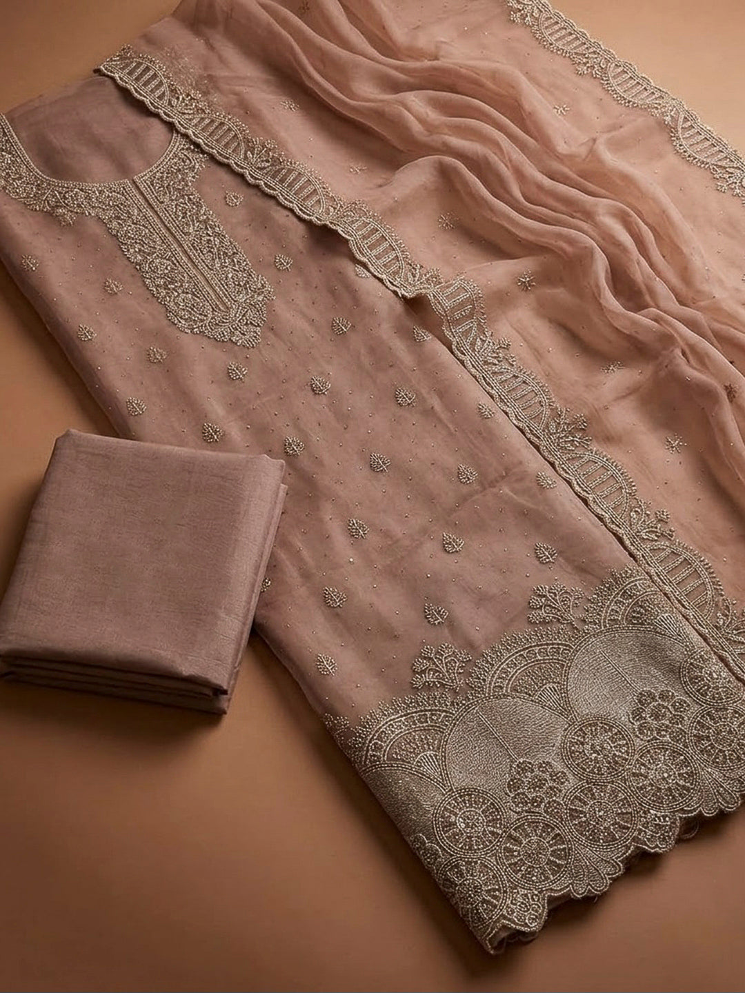 Peach Organza Embroidered Unstitched Dress Material