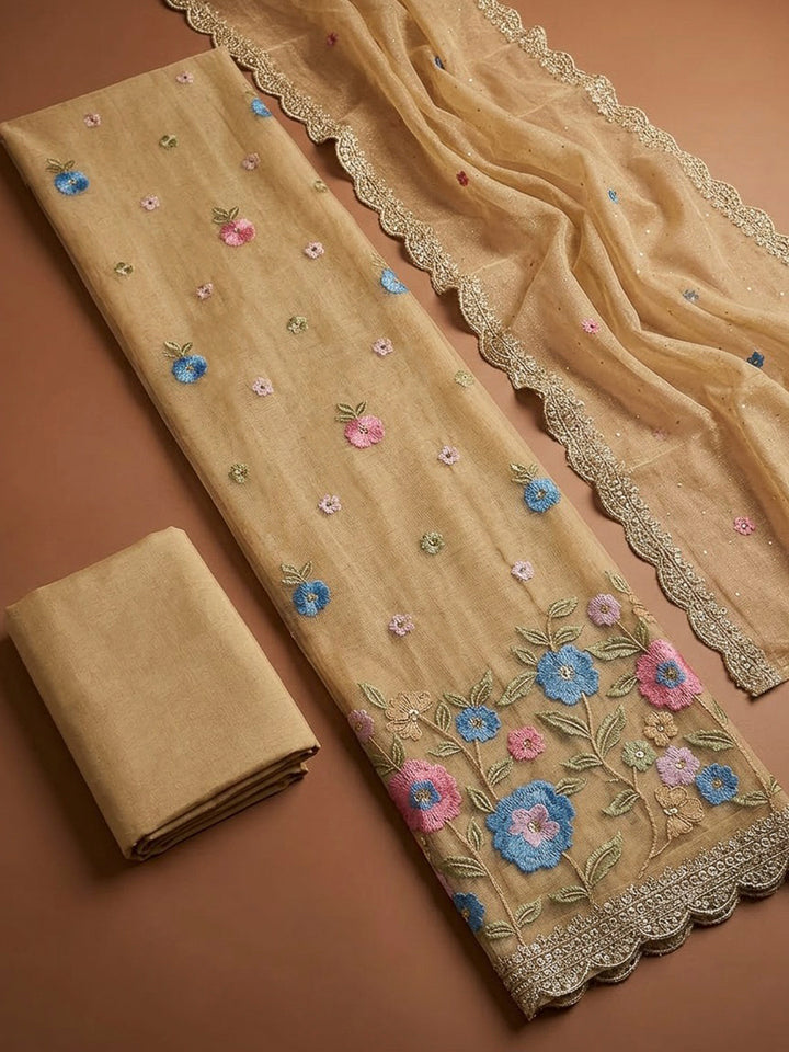 Beige Chanderi Embroidered Unstitched Dress Material
