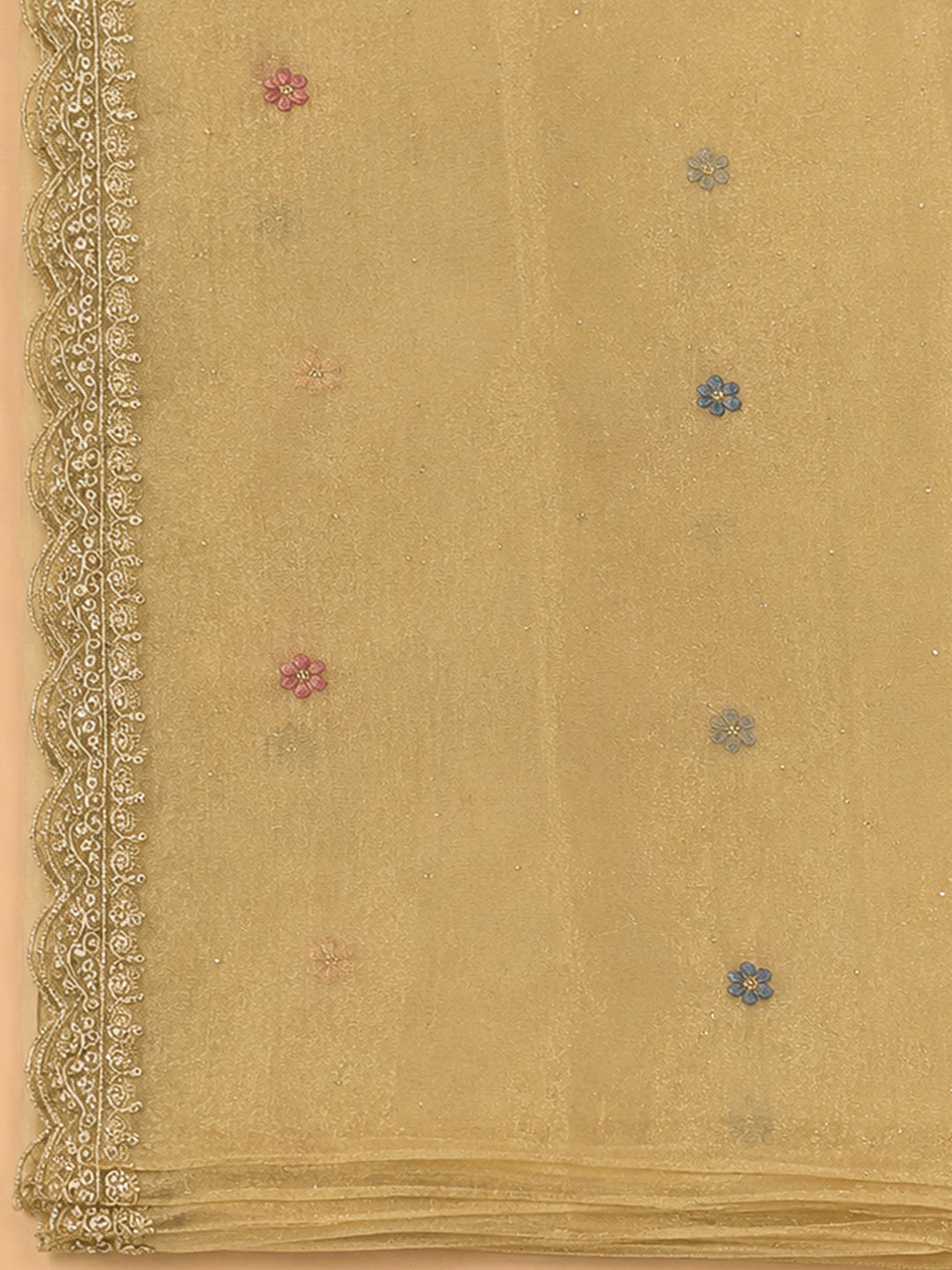 Beige Chanderi Embroidered Unstitched Dress Material