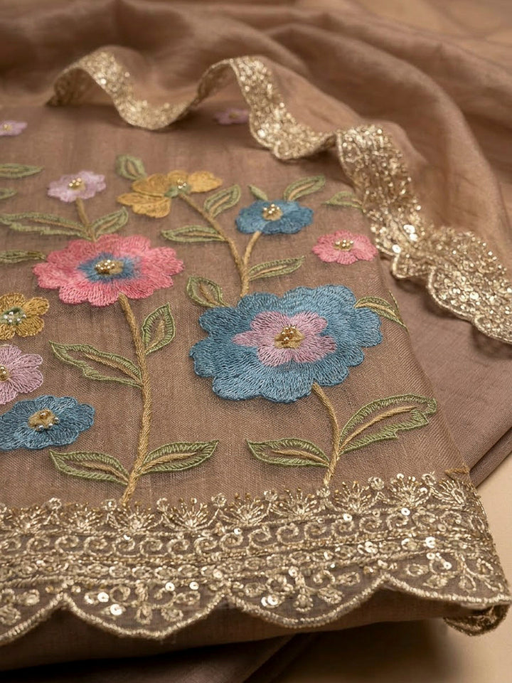 Brown Chanderi Embroidered Unstitched Dress Material