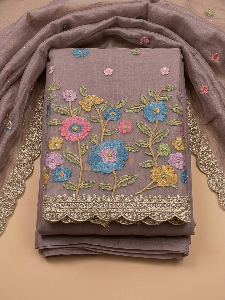 Onion Pink Chanderi Embroidered Unstitched Dress Material