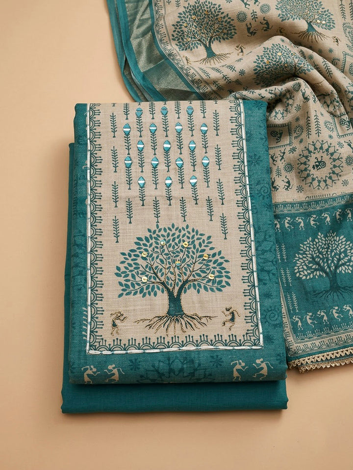 Blue Linen Blend Printed Unstitched Dress Material