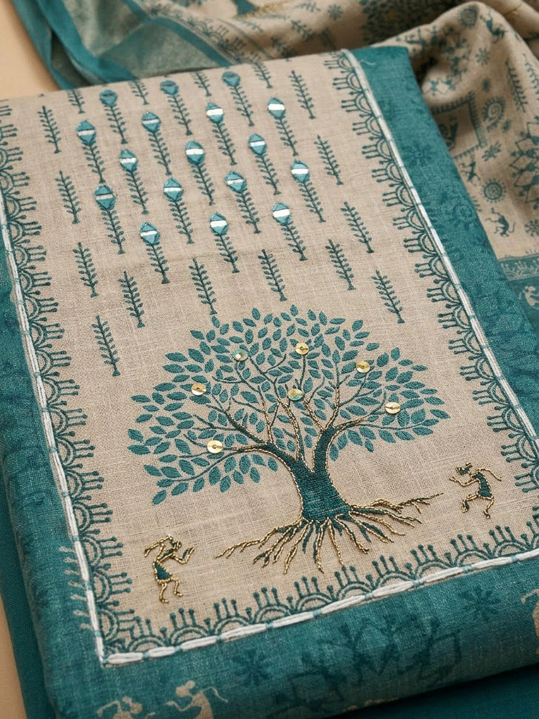 Blue Linen Blend Printed Unstitched Dress Material