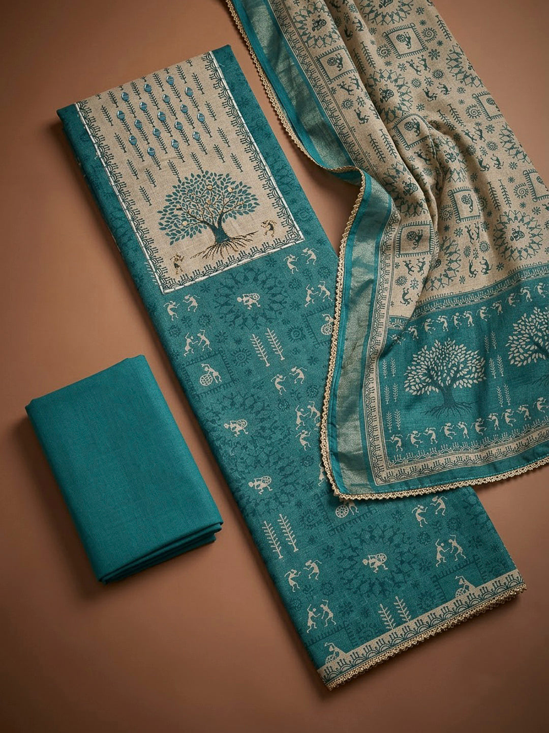 Blue Linen Blend Printed Unstitched Dress Material