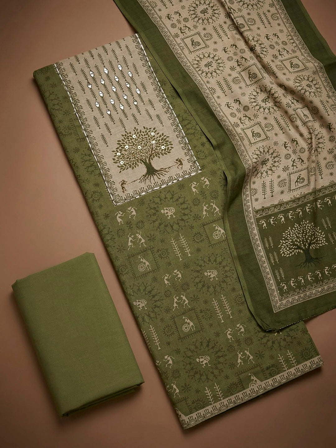 Green Linen Blend Printed Unstitched Dress Material