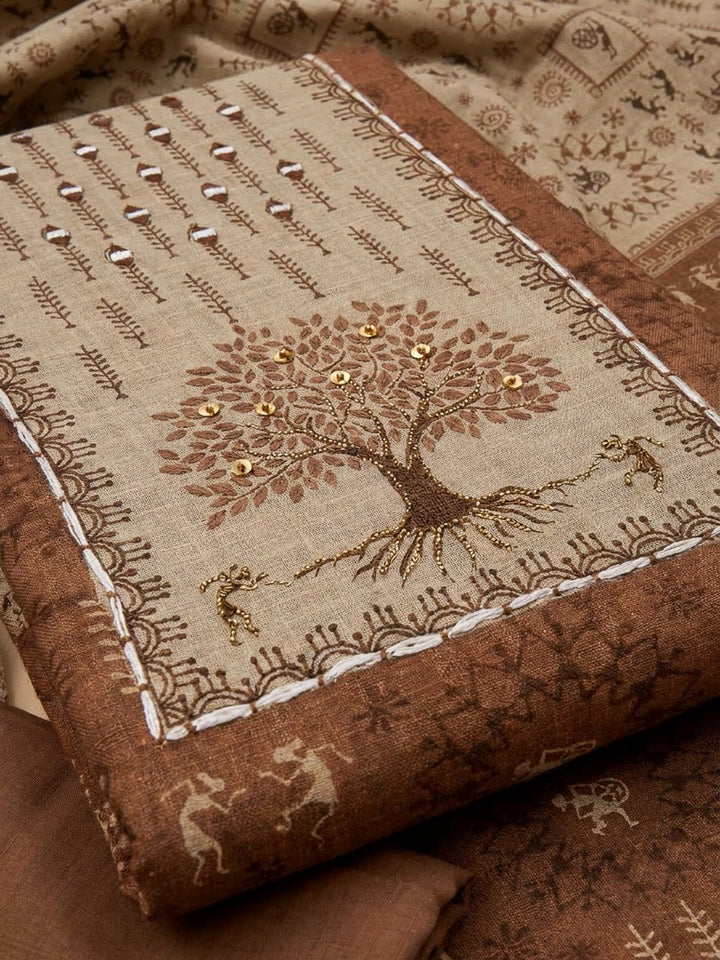Rust Linen Blend Printed Unstitched Dress Material