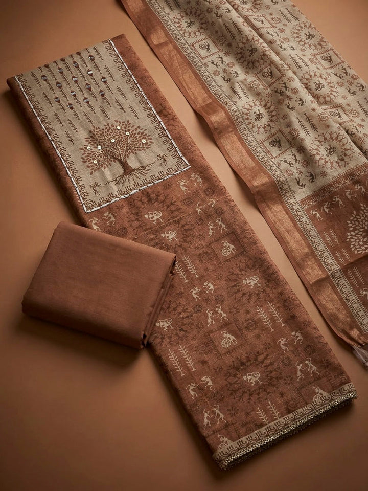 Rust Linen Blend Printed Unstitched Dress Material