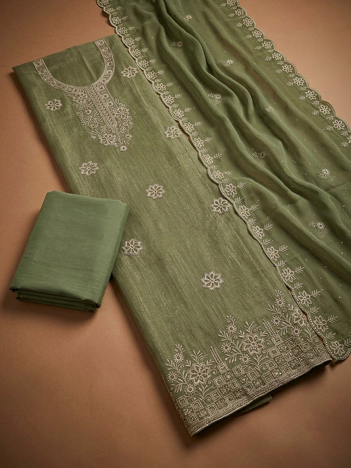 Aqua Green Chanderi Embroidered Unstitched Dress Material