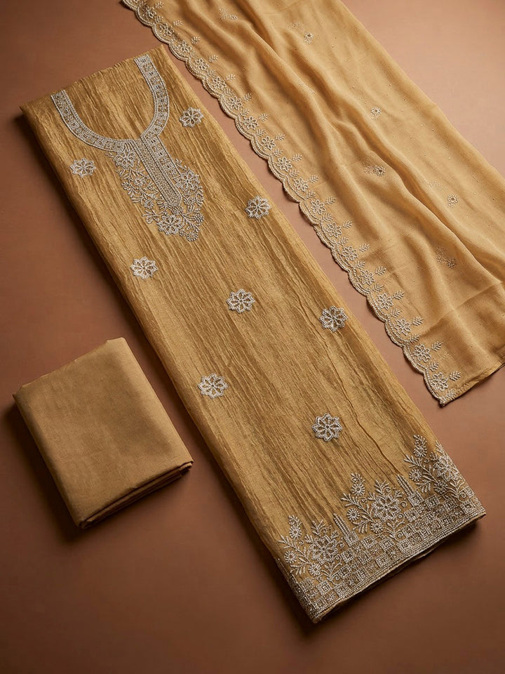 Mustard Chanderi Embroidered Unstitched Dress Material