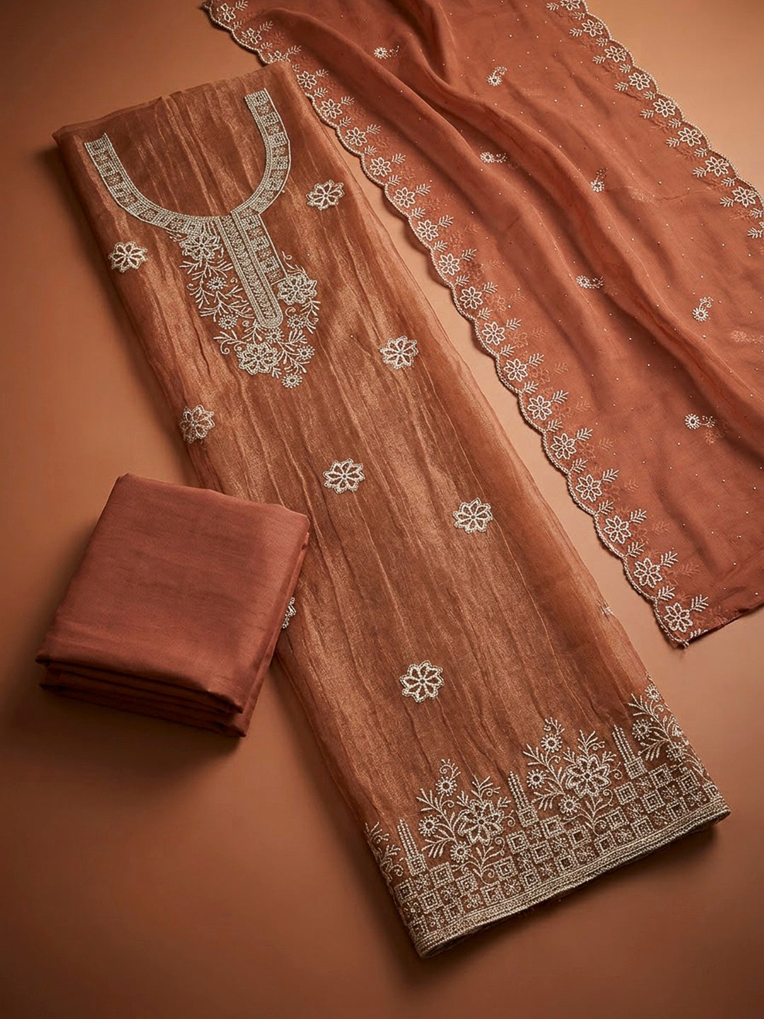 Rust Chanderi Embroidered Unstitched Dress Material