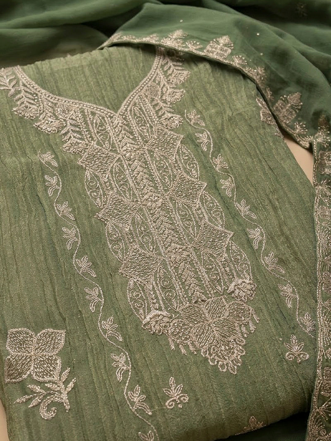 Green Chanderi Embroidered Unstitched Dress Material