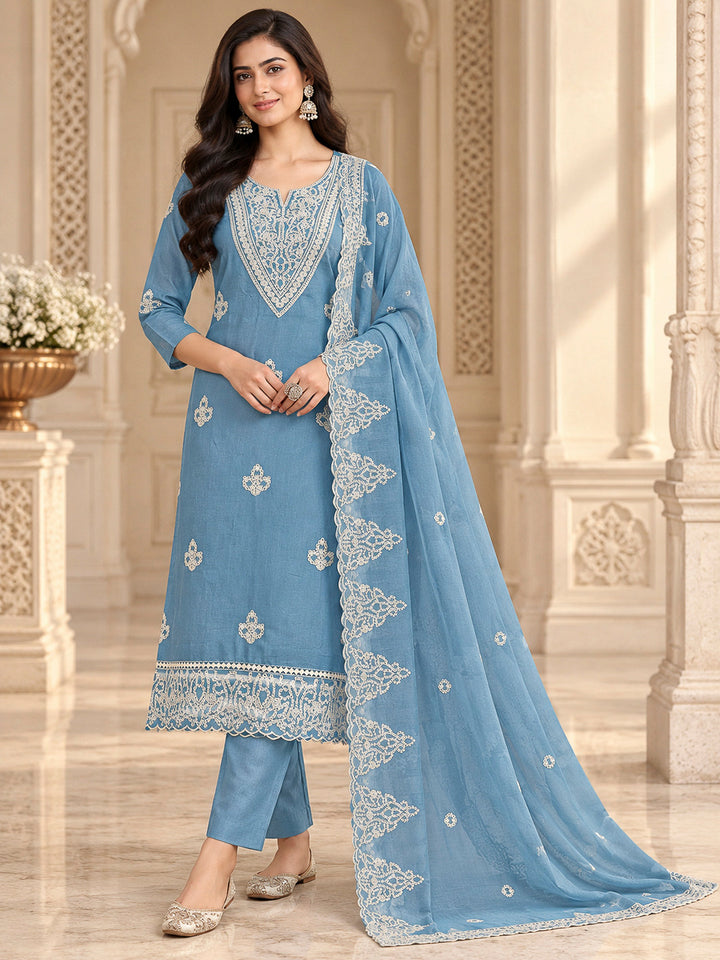 Blue Chanderi Embroidered Unstitched Dress Material