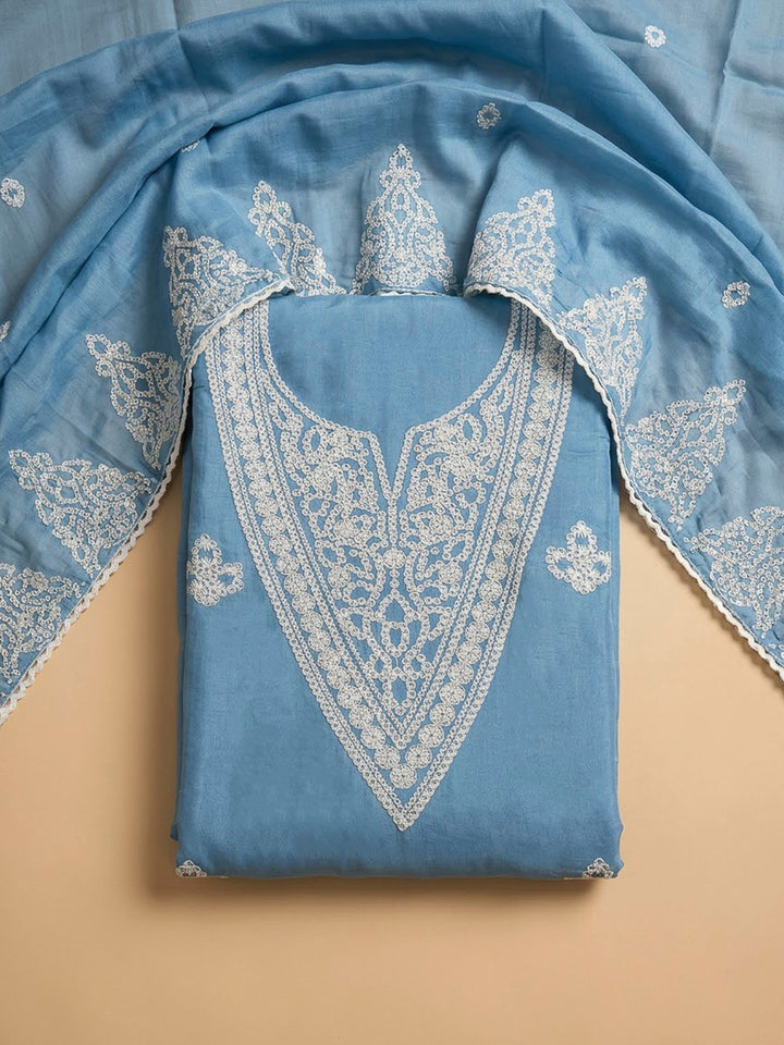 Blue Chanderi Embroidered Unstitched Dress Material