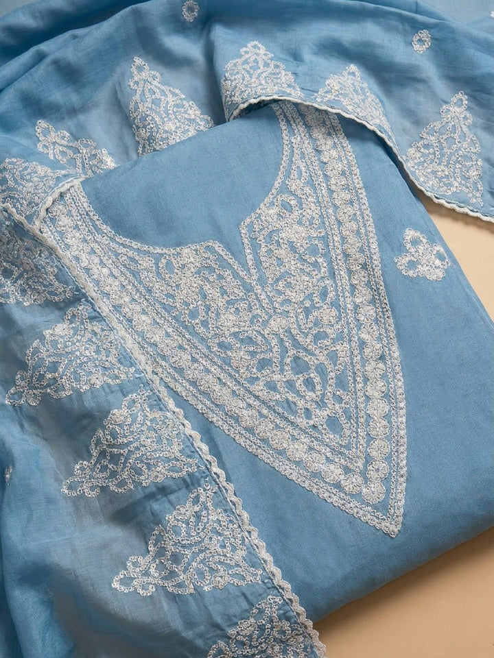 Blue Chanderi Embroidered Unstitched Dress Material