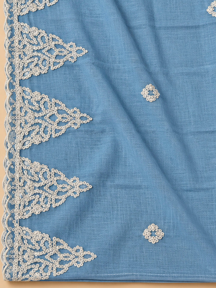Blue Chanderi Embroidered Unstitched Dress Material