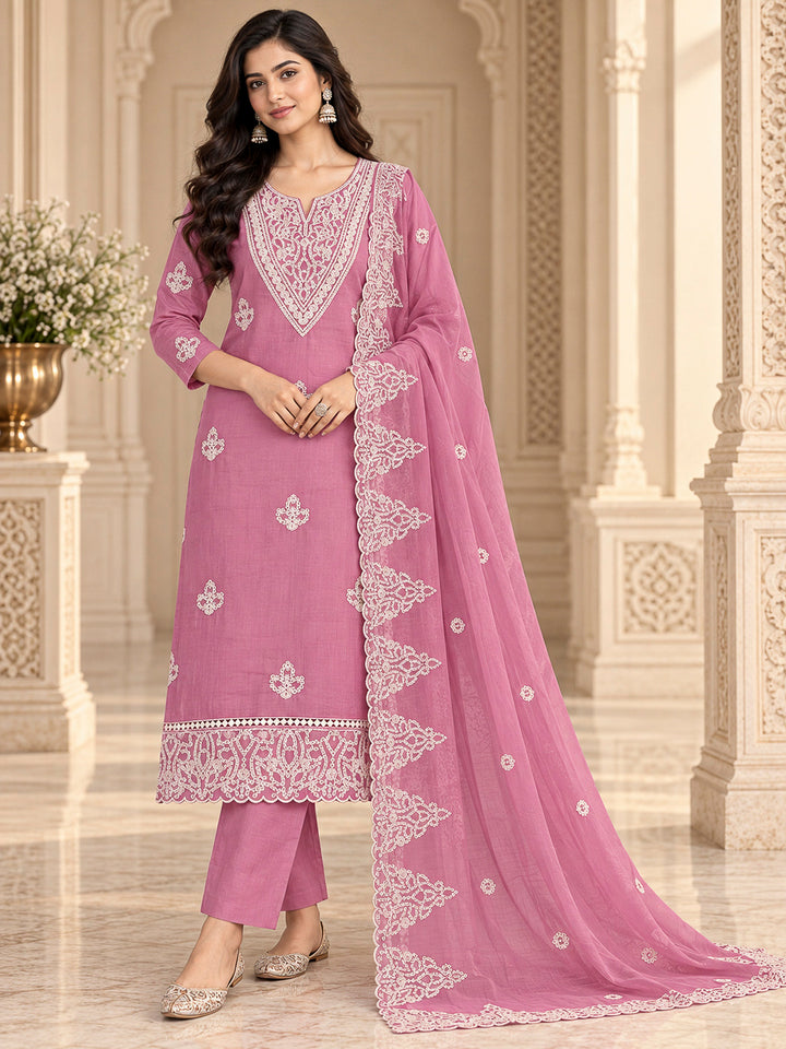 Pink Chanderi Embroidered Unstitched Dress Material