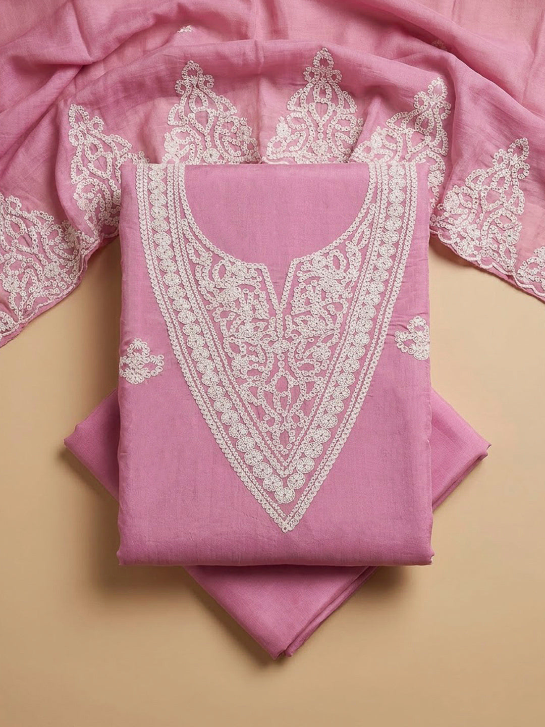 Pink Chanderi Embroidered Unstitched Dress Material