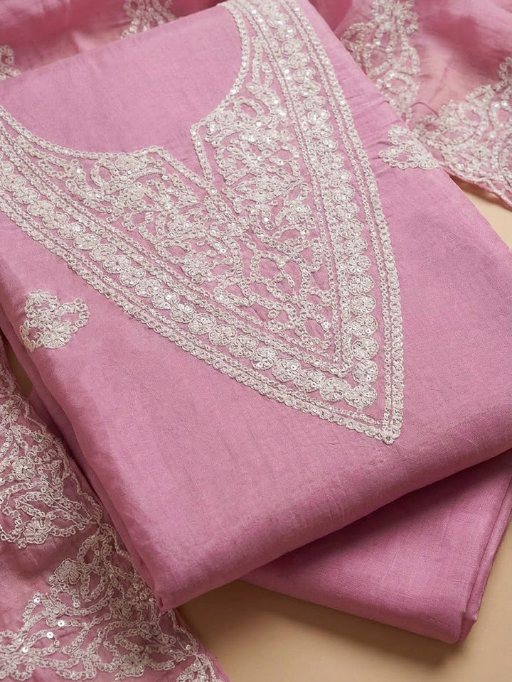 Pink Chanderi Embroidered Unstitched Dress Material