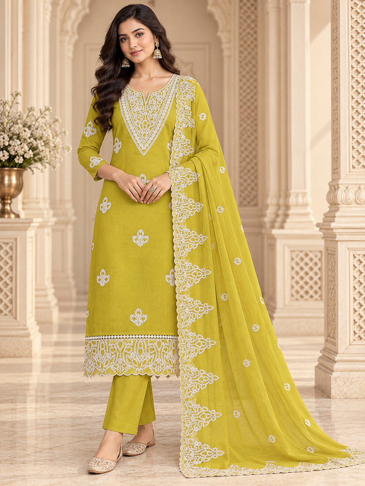 Yellow Chanderi Embroidered Unstitched Dress Material