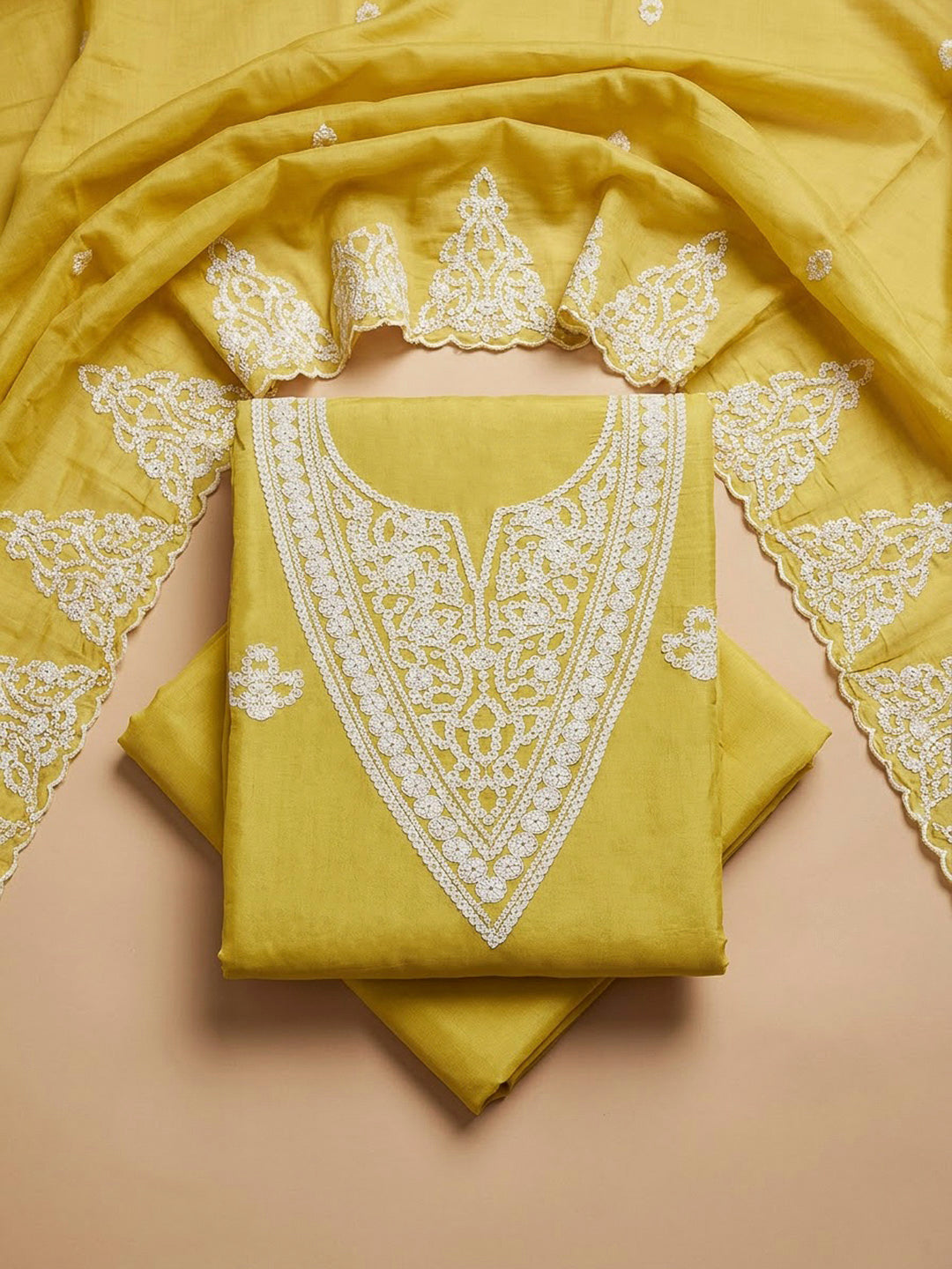 Yellow Chanderi Embroidered Unstitched Dress Material