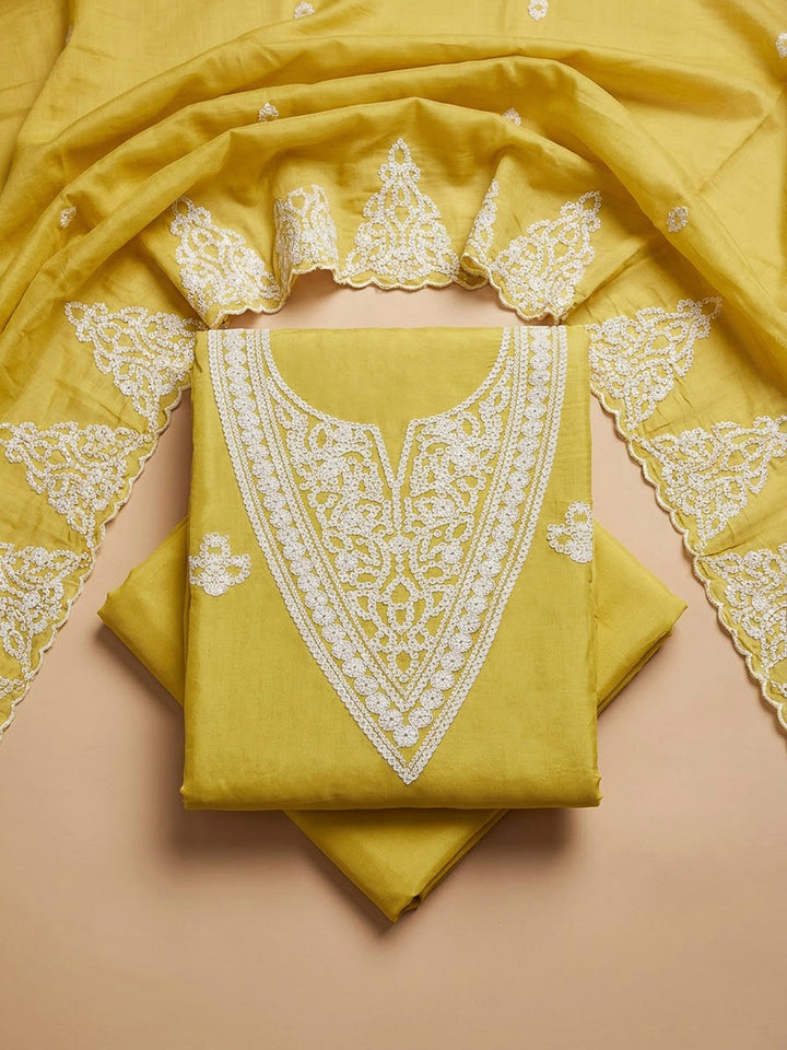 Yellow Chanderi Embroidered Unstitched Dress Material