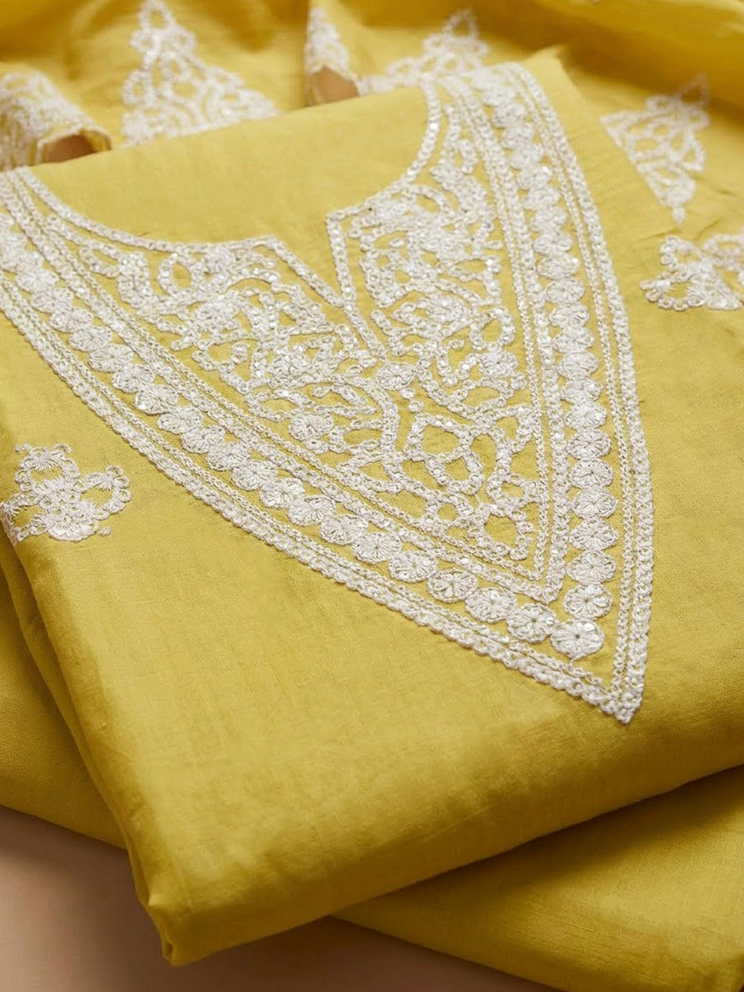 Yellow Chanderi Embroidered Unstitched Dress Material