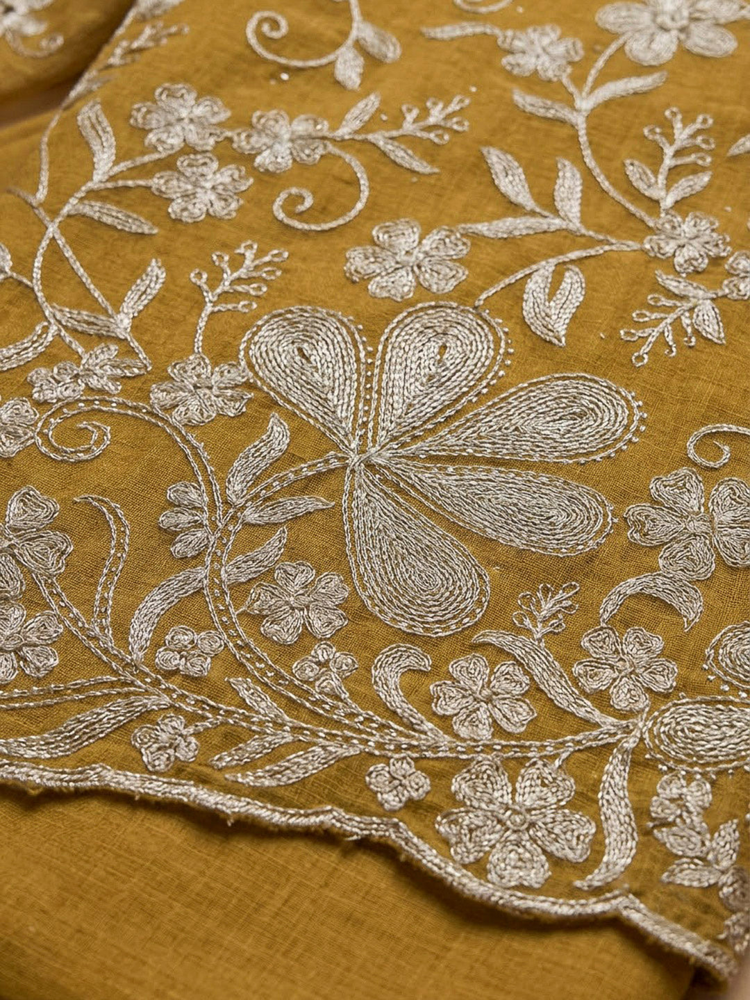 Mustard Organza Embroidered Unstitched Dress Material