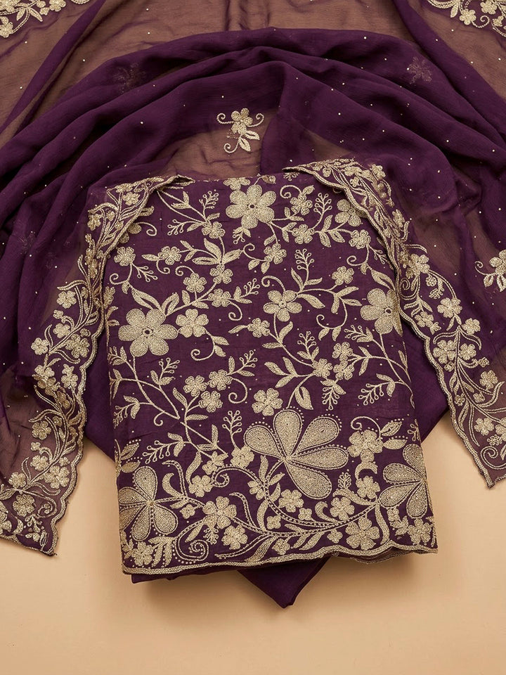Wine Organza Embroidered Unstitched Dress Material