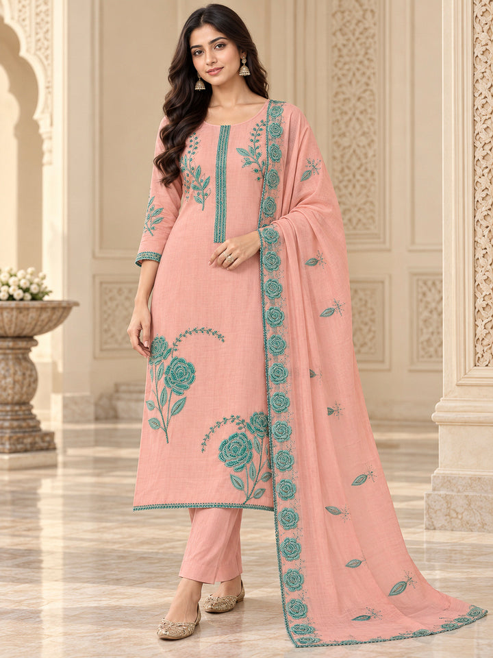 Peach Chanderi Embroidered Unstitched Dress Material